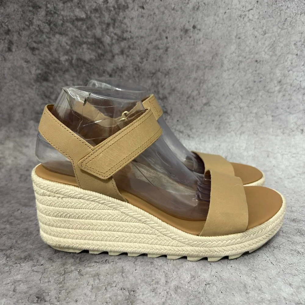 Sorel Cameron Wedge Sandals Womens 10 Tan Espadrille Platform Leather